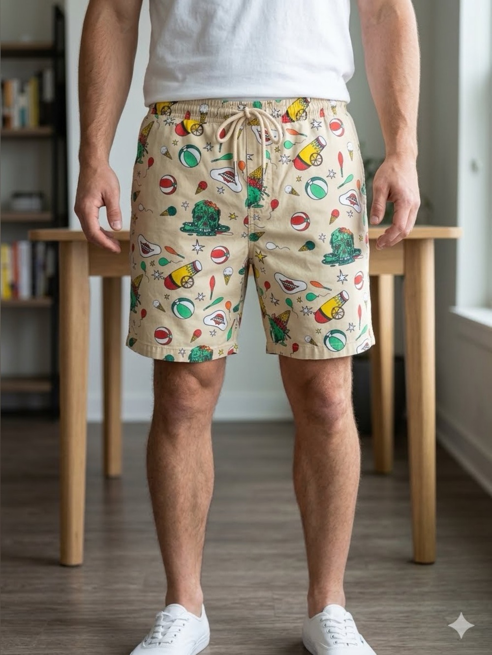 Forever 21 Men Zombie Circus Carnival Drawstring Shorts Tan Size XL (19" Waist)